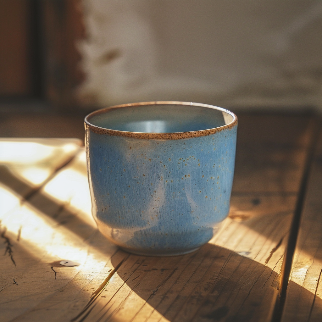 **a single blue ceramic cup on a wooden table · u1