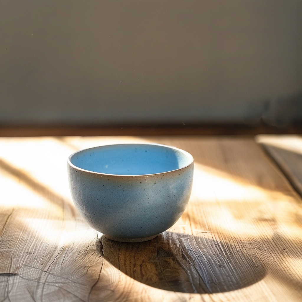 **a single blue ceramic cup on a wooden table · u2