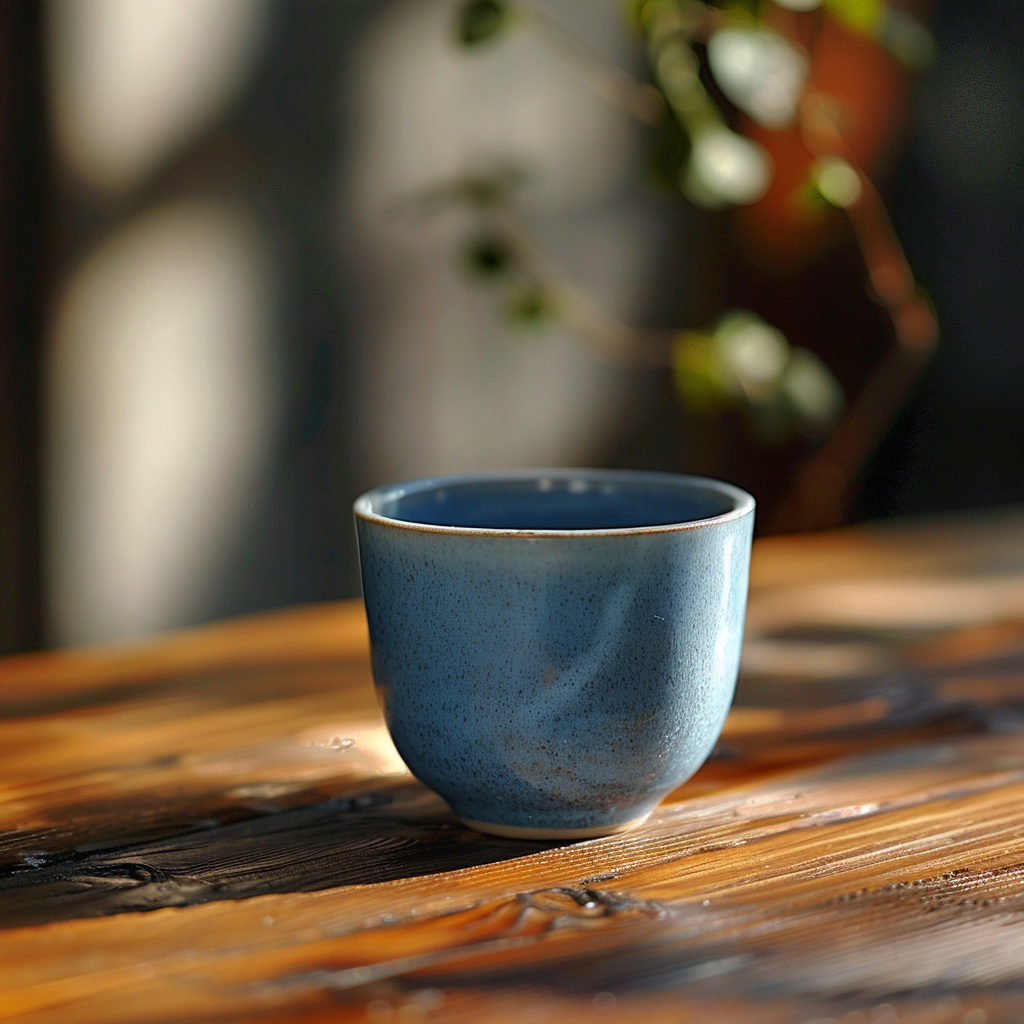 **a single blue ceramic cup on a wooden table · u3