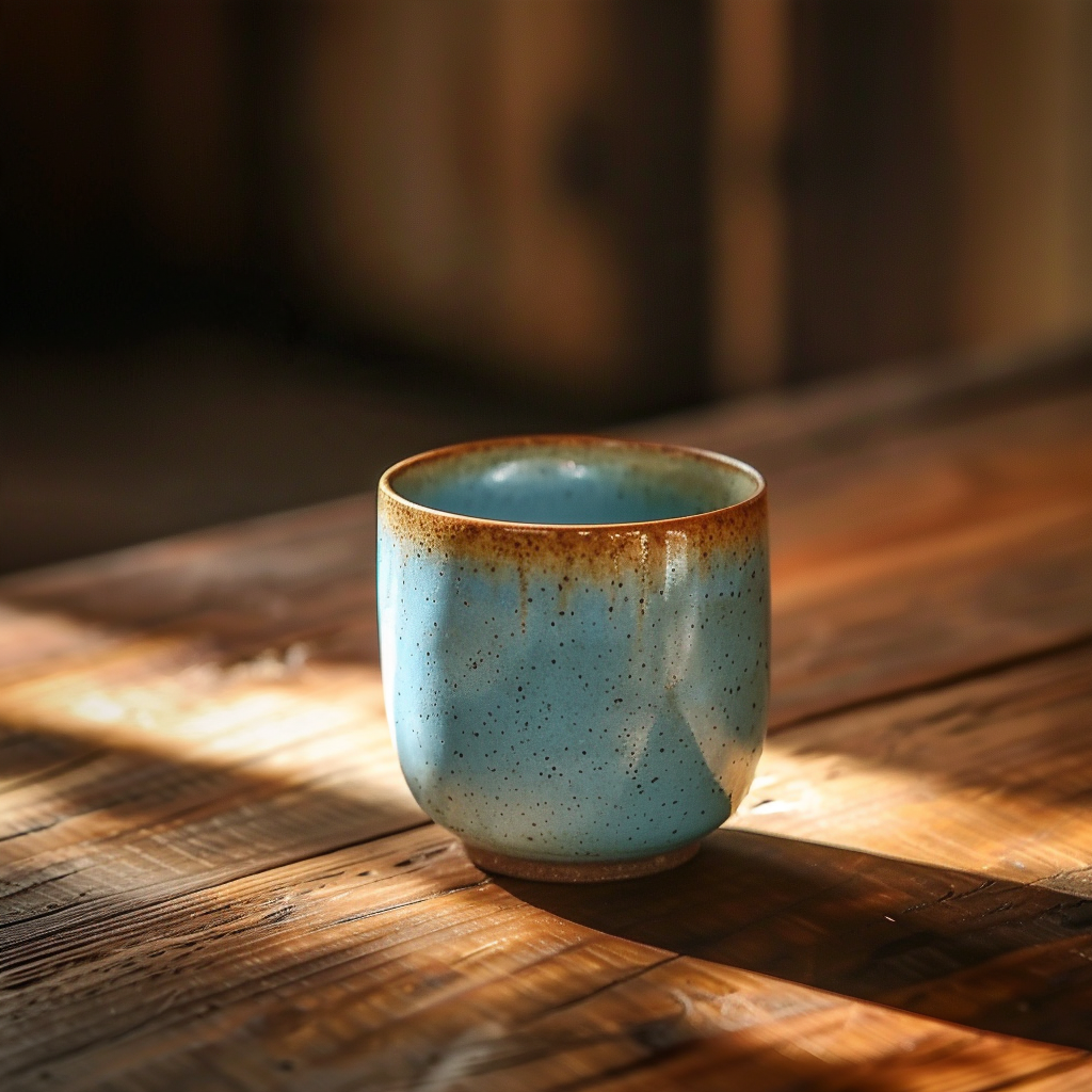 **a single blue ceramic cup on a wooden table · u4