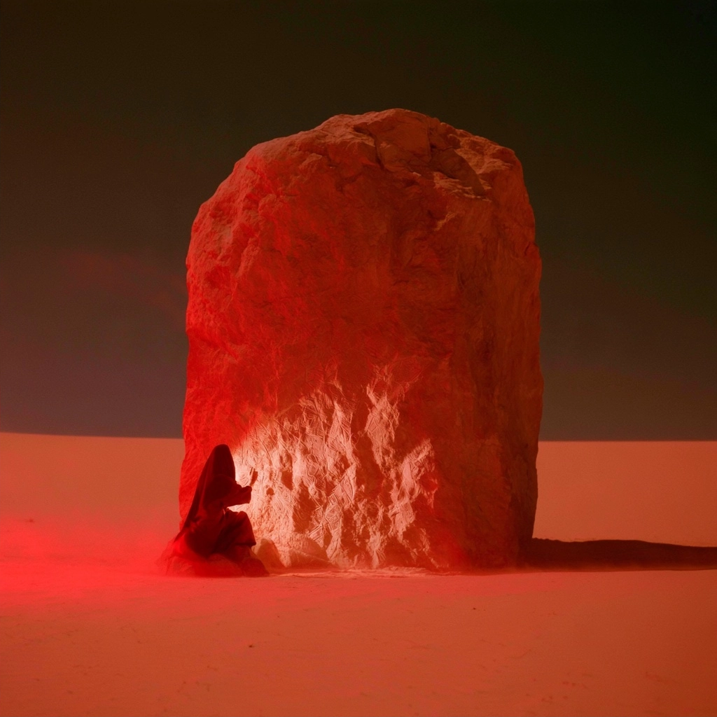 A large glowing red rock standing in a dark void with a small silhouette nearby.