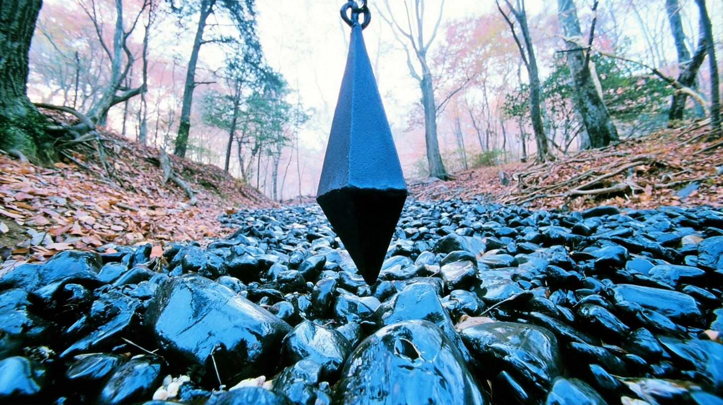 A black geometric metal pendant hanging above smooth, wet black pebbles in a wooded area.