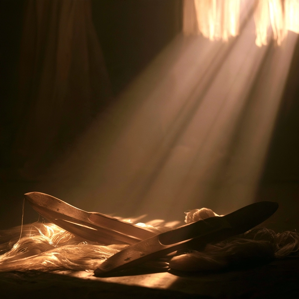 Wooden weaving tool resting on soft fibers under bright beams of light in a dark room.