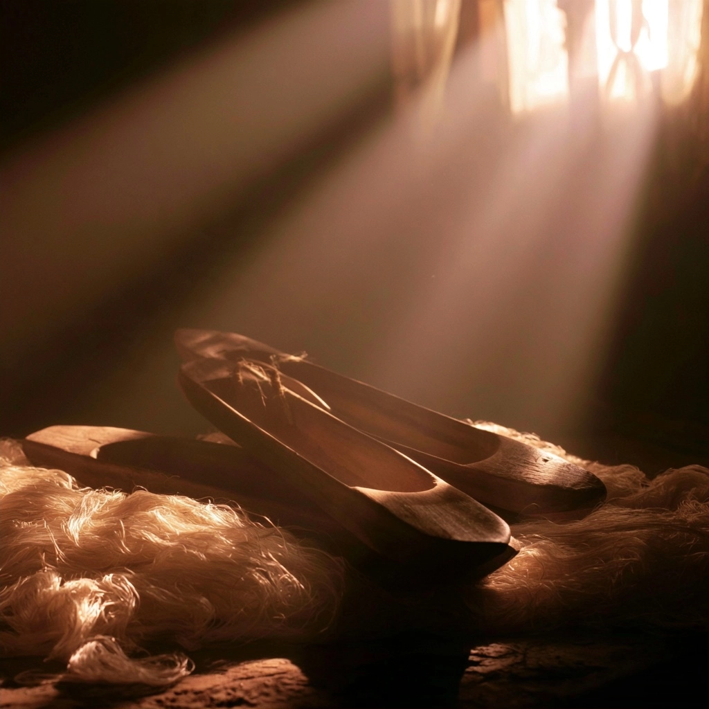 Wooden clogs sitting on white cloth illuminated by bright rays of light in a dark room.