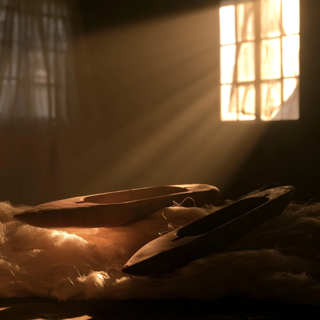 Wooden carved bowls resting on white faux fur illuminated by a dramatic sunbeam.