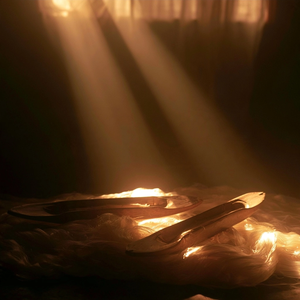 Two wooden spoons lying on soft white fabric under bright golden light rays.