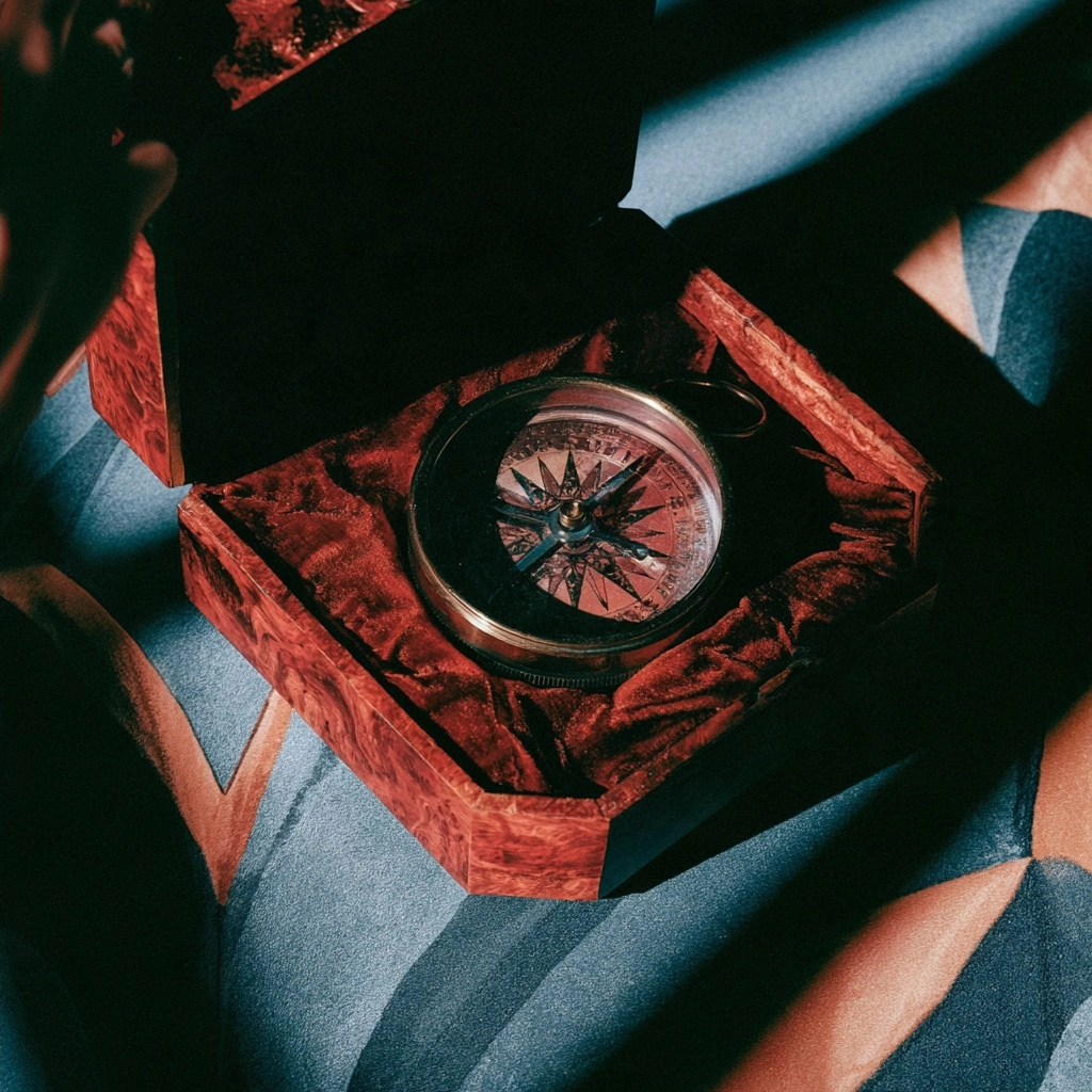 A close-up shot of a brass compass nestled in a red velvet-lined wooden case.