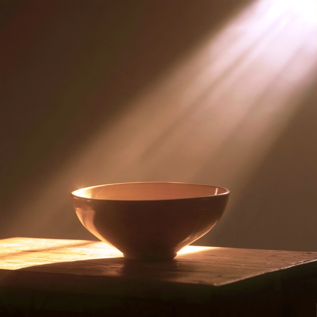 A simple clay bowl illuminated by a bright shaft of light on a dark wooden table.