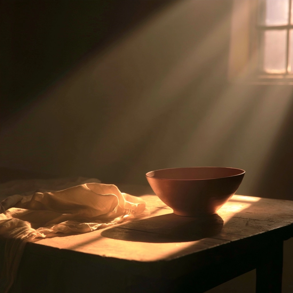A terracotta bowl on a rustic wooden table under bright sunbeams streaming through a window.
