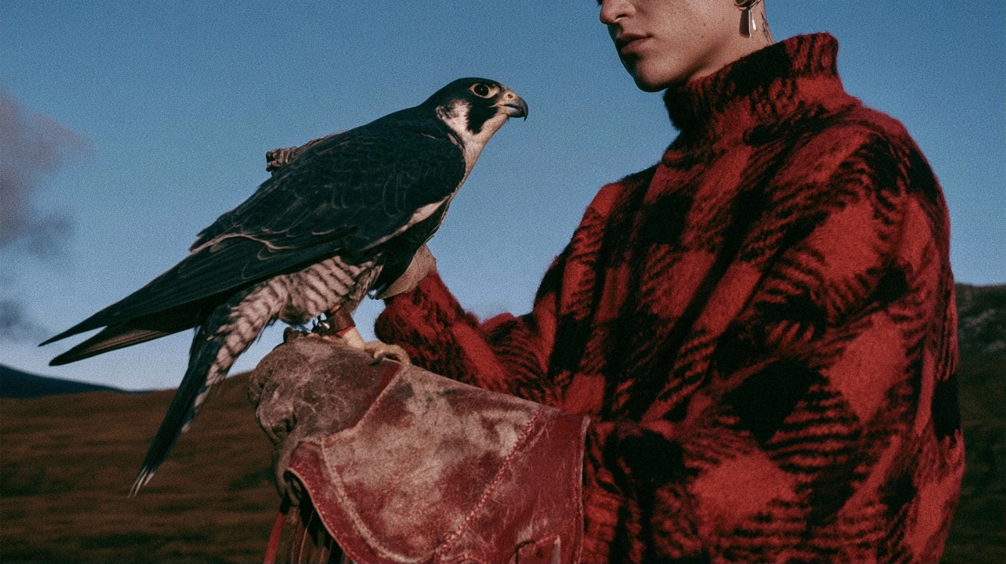 A person in a red plaid sweater holding a falcon on a leather glove against a blue sky.