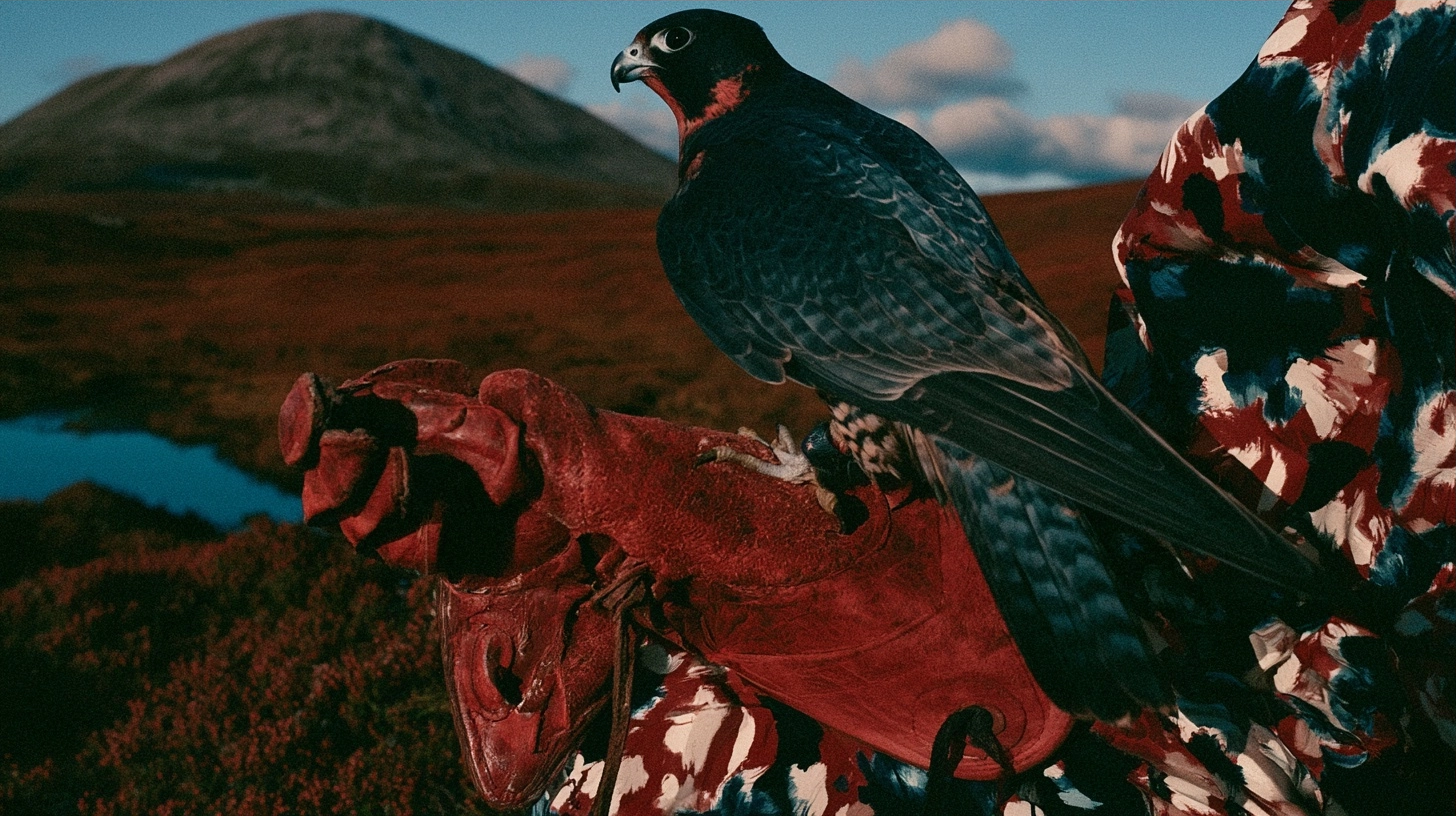 A dark falcon resting on a person's red leather falconry glove with hills in the background.