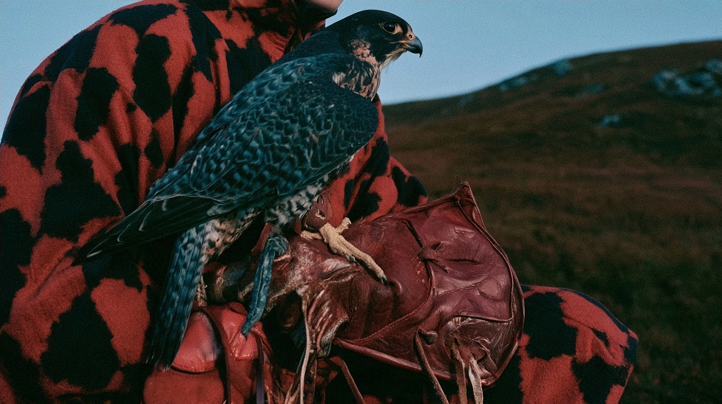 A blue patterned falcon sitting on a thick brown leather glove worn by a person.