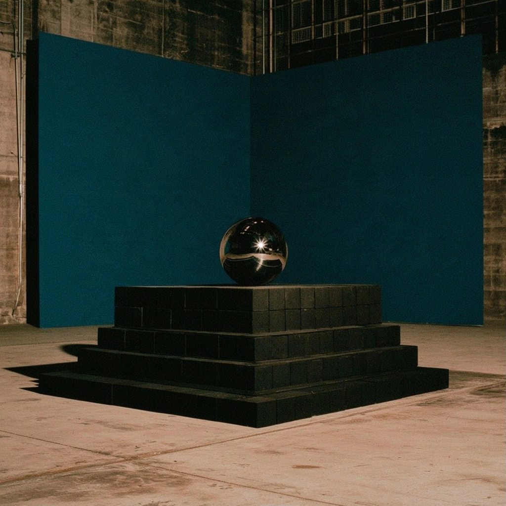 A shiny metallic orb resting on a black stepped platform in front of blue walls.