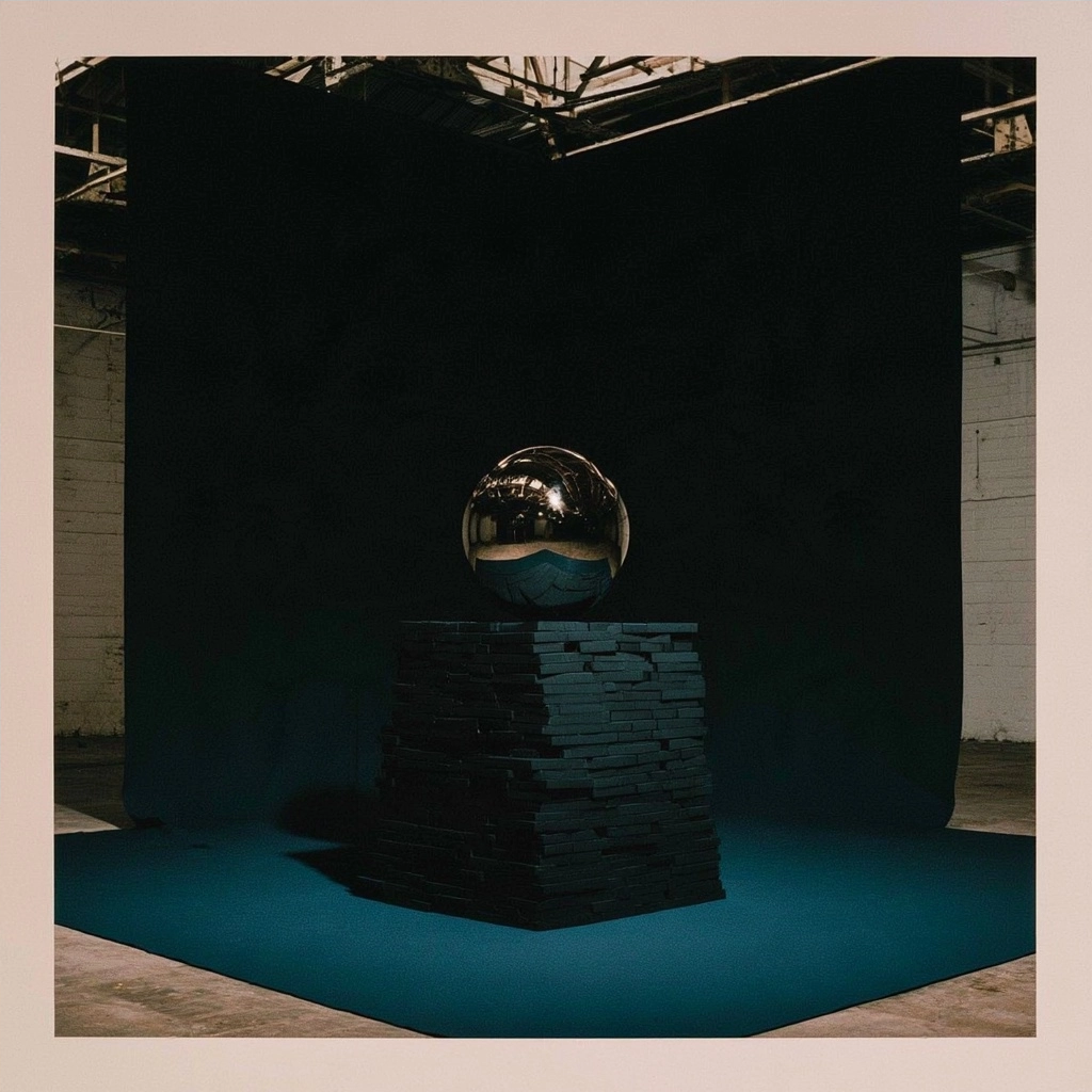 A shiny metallic orb resting on a pedestal of dark stone slabs in a dark studio setting.