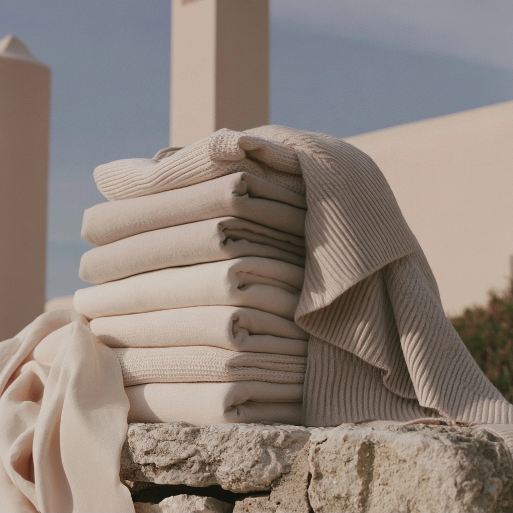 A neat stack of folded beige ribbed knit fabrics resting on a textured stone ledge under bright sunlight.
