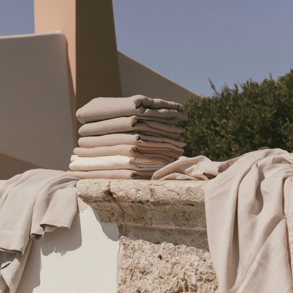 A neat stack of folded beige linen cloths resting on a rustic stone wall under bright sunlight.