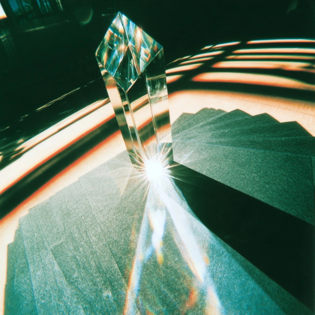 A transparent crystal prism refracting light into colorful patterns on a dark surface.