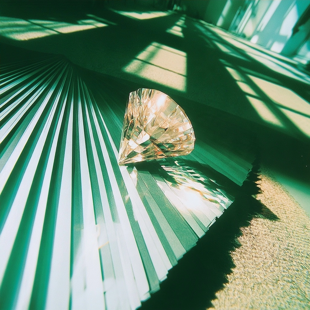 A sparkling clear gemstone reflecting light on a teal pleated fabric background.