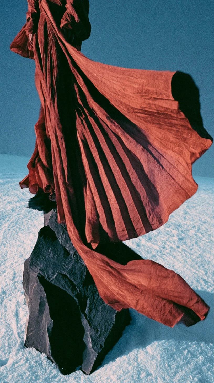 Reddish-brown fabric flowing over a dark rock in a snowy field under a blue sky.