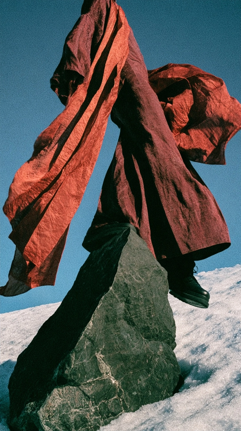 Flowing red and maroon garments draped over a person standing on a dark rock in the snow.