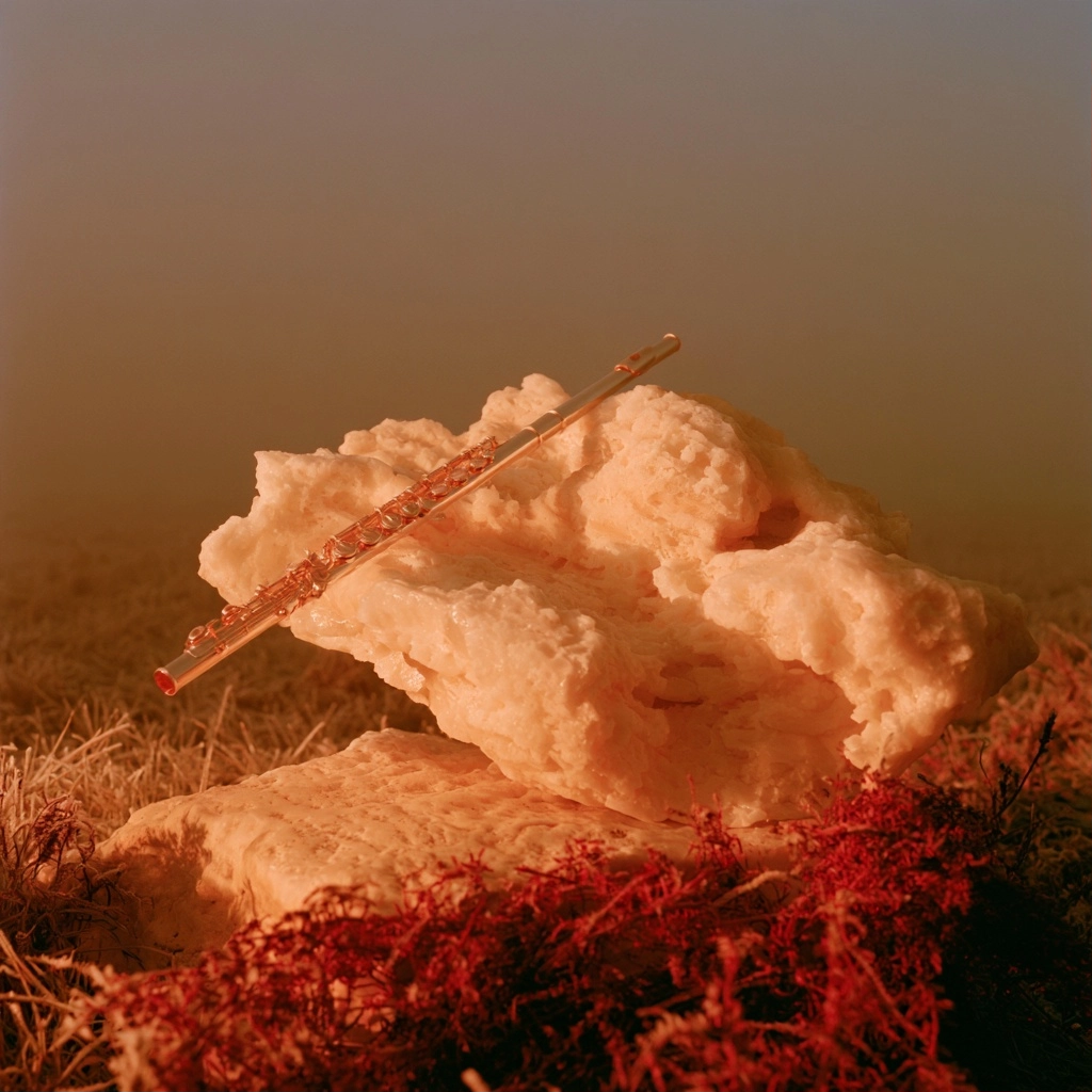 A slender glass rod lying on a jagged white rock surrounded by red mossy plants.