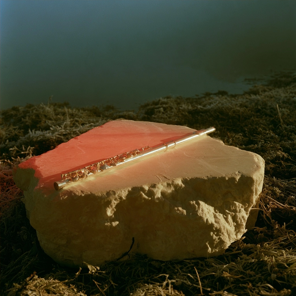 A silver flute lying on a textured stone with a bright red top in a natural setting.