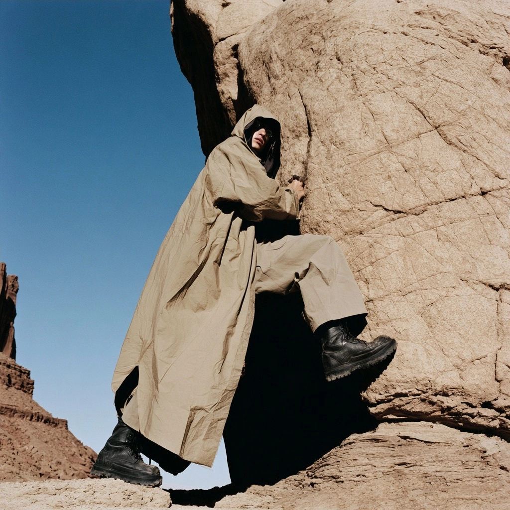 A person in a long tan hooded coat posing against a massive desert rock wall.