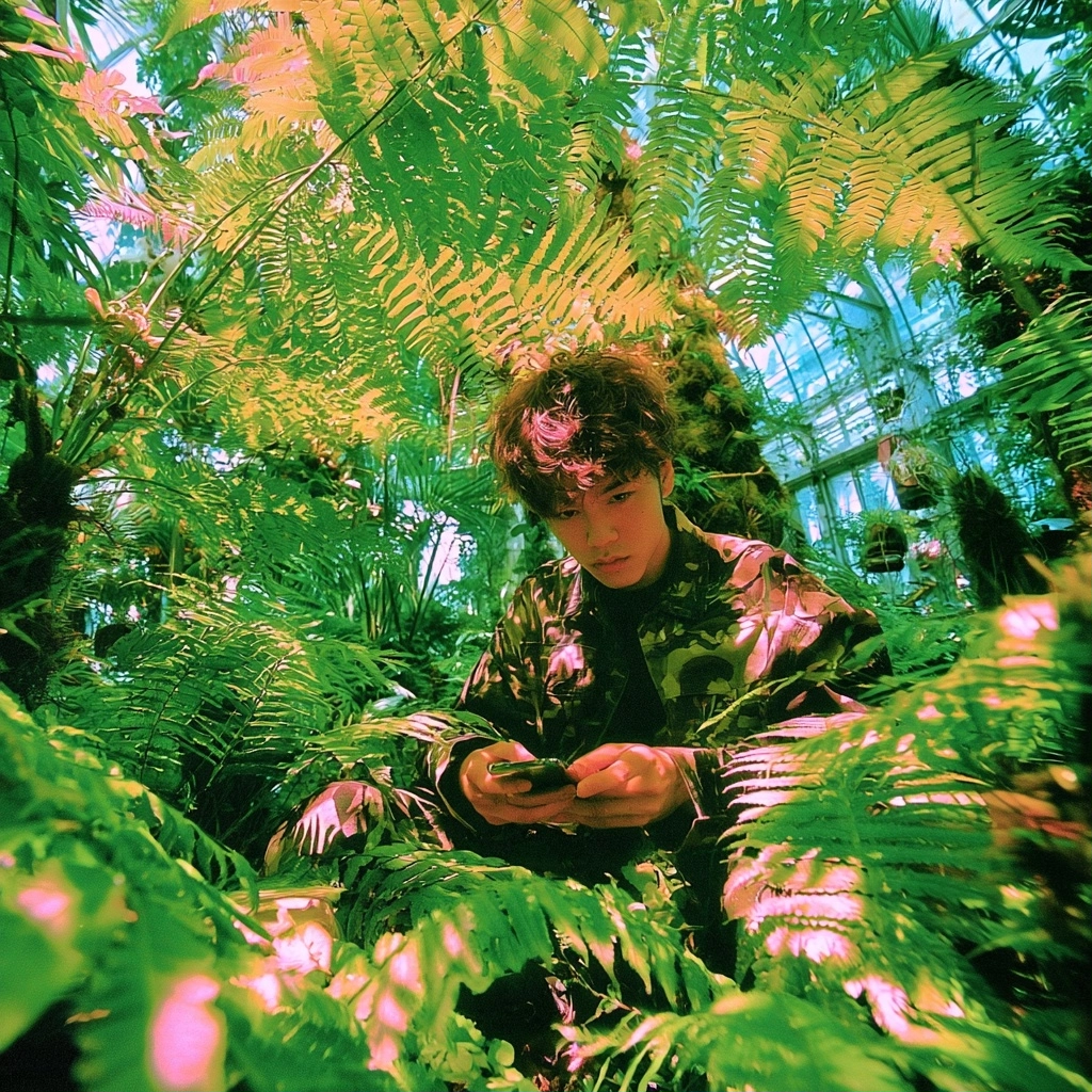 A young man using a phone while surrounded by dense green fern leaves in a bright conservatory.