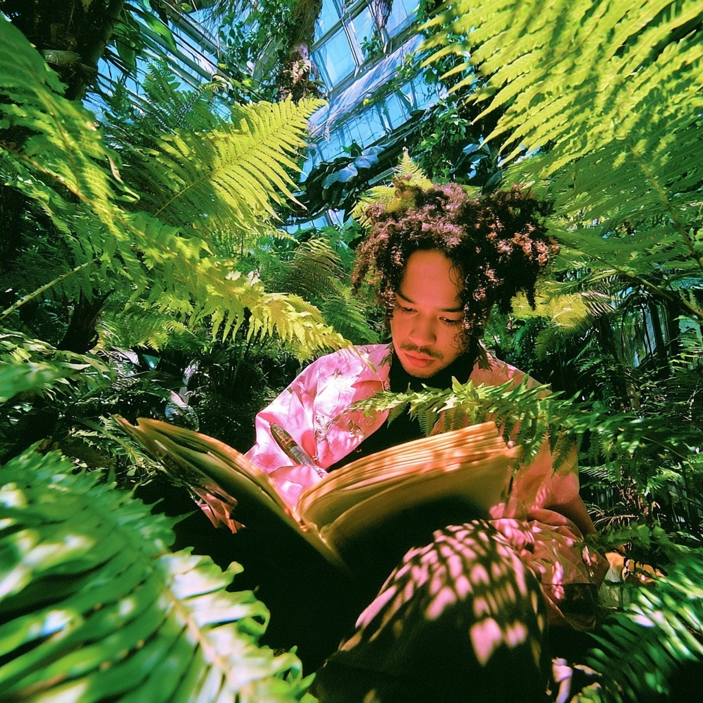 A person reading a thick book surrounded by vibrant green fern leaves in a sunlit greenhouse.