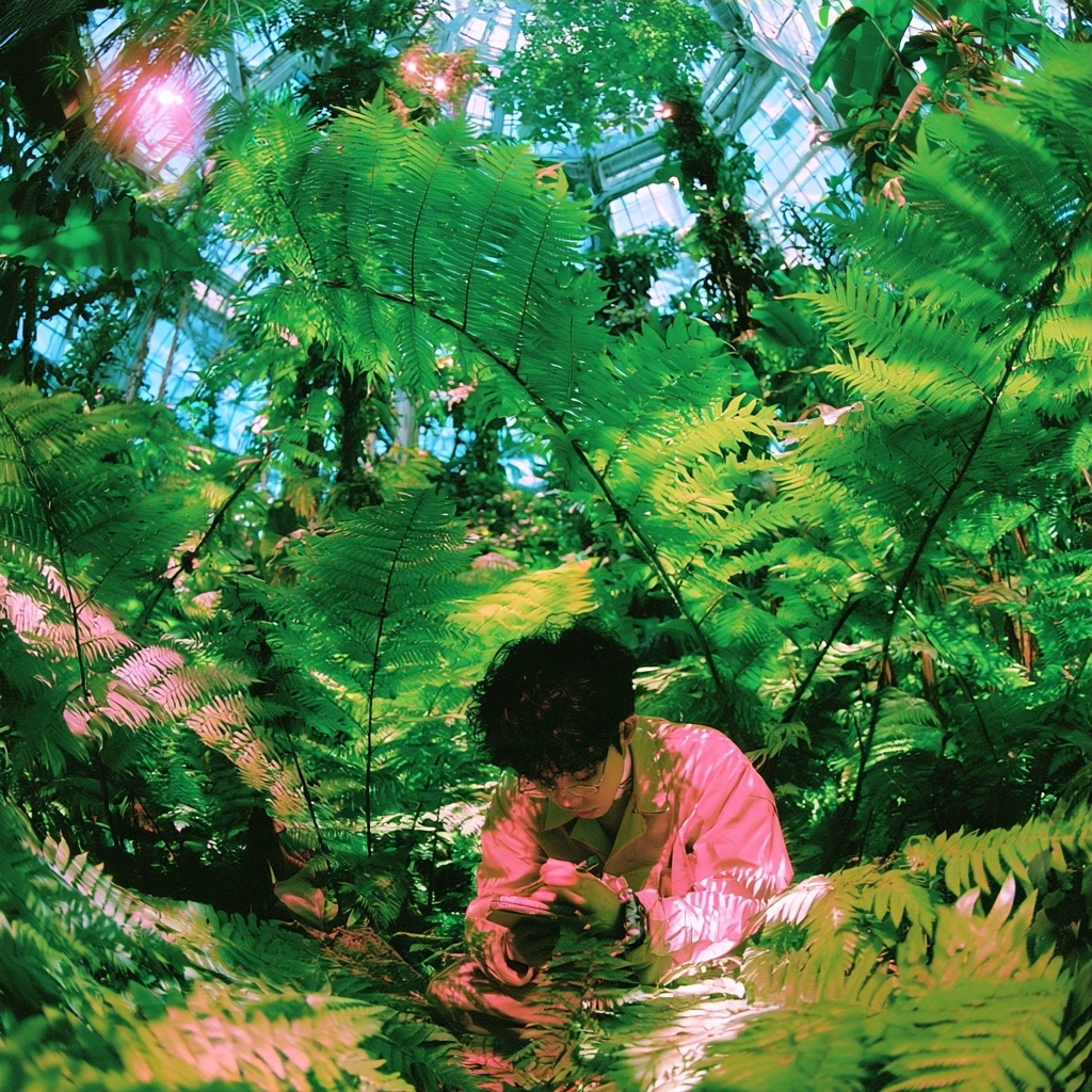 A person wearing a pink shirt sitting surrounded by dense green fern leaves in a bright greenhouse.