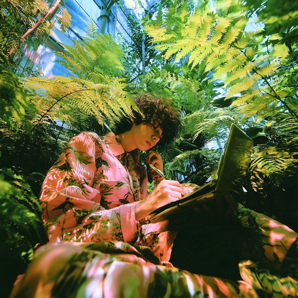 A person wearing a pink patterned shirt works on a laptop surrounded by dense green fern leaves.