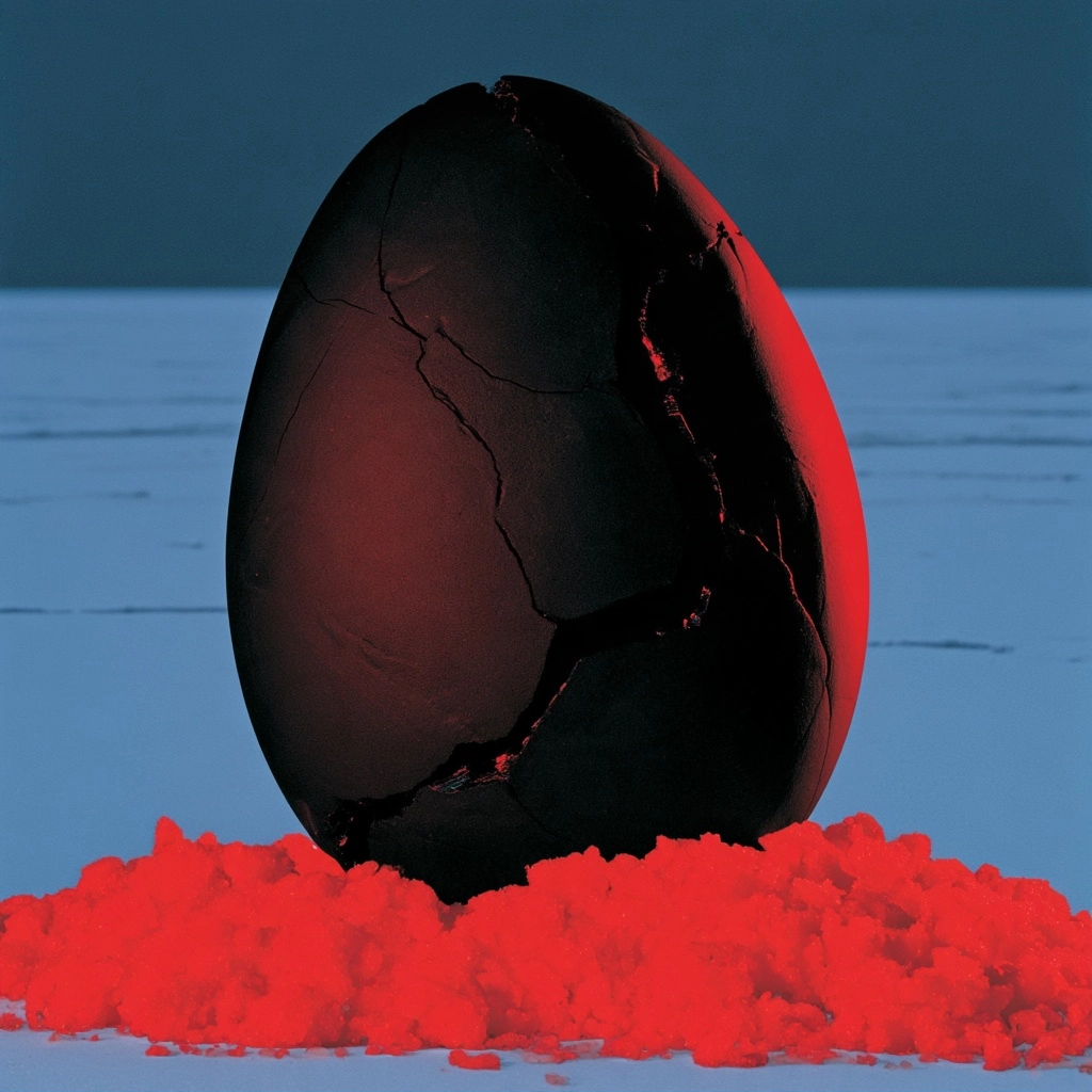 A large, cracked black egg resting on a pile of vibrant red sand against a solid blue backdrop.