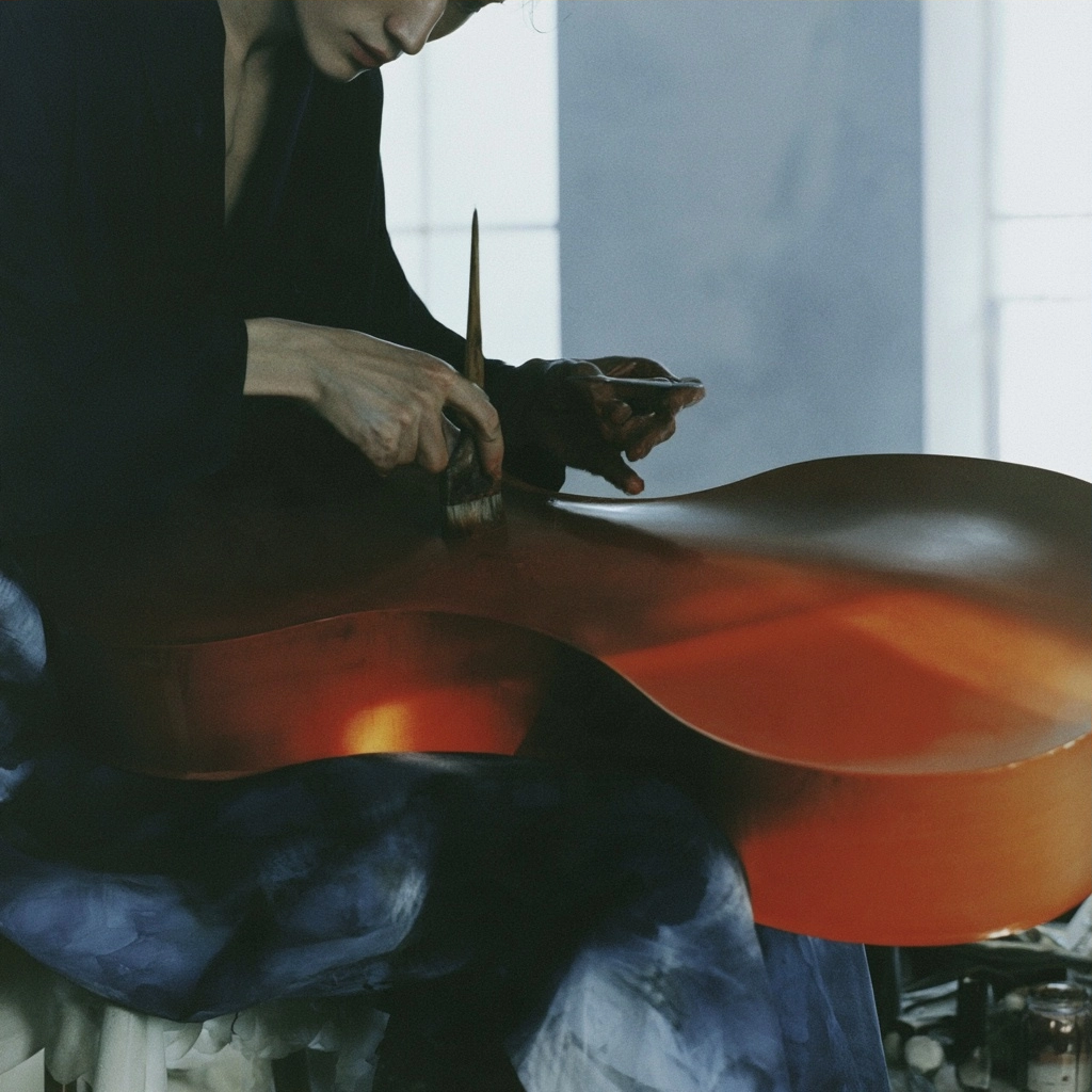 A craftsman carefully applying varnish to a large wooden cello with a small brush.