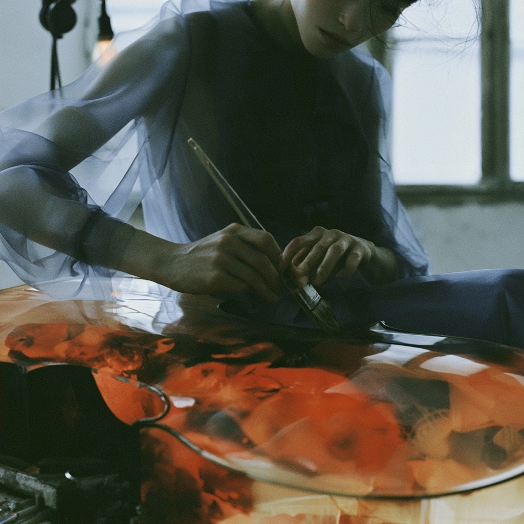 An artist painting vibrant orange flowers onto a reflective surface with a fine brush.