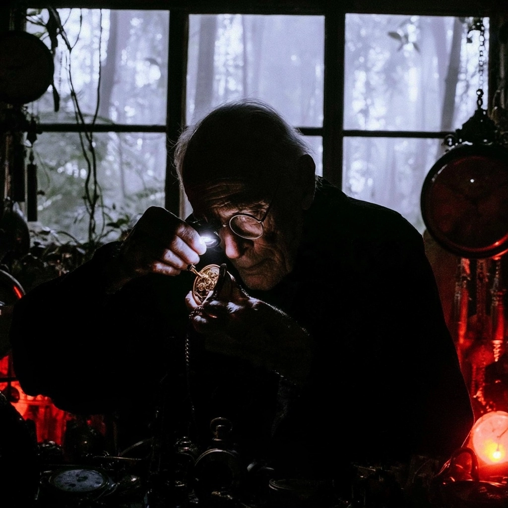 An old man with glasses focuses intensely on a small golden item using a bright light source.