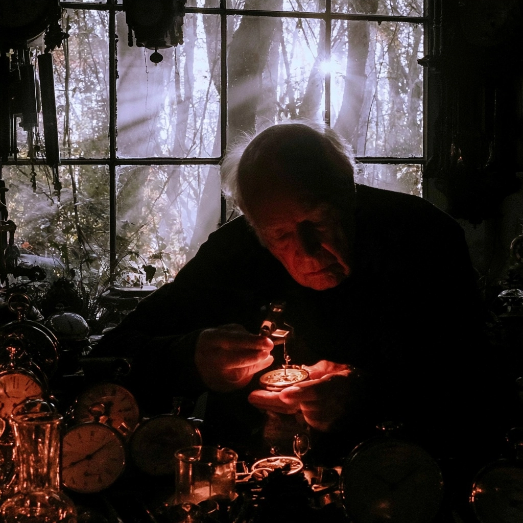 An elderly man focused on repairing a small timepiece in a workshop filled with antique clocks.