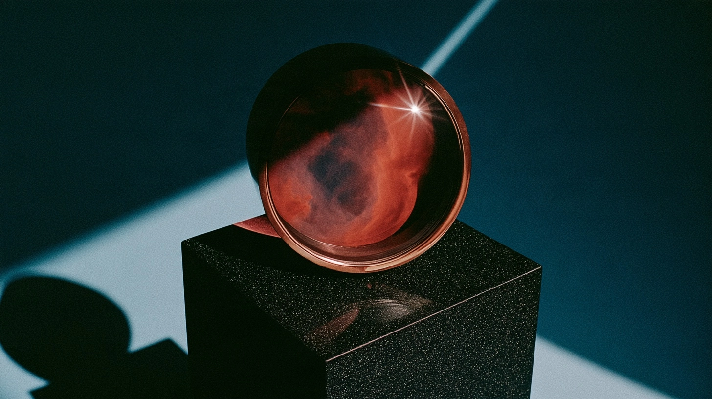 A metallic ring filled with swirling red smoke resting on a dark textured cube under dramatic lighting.