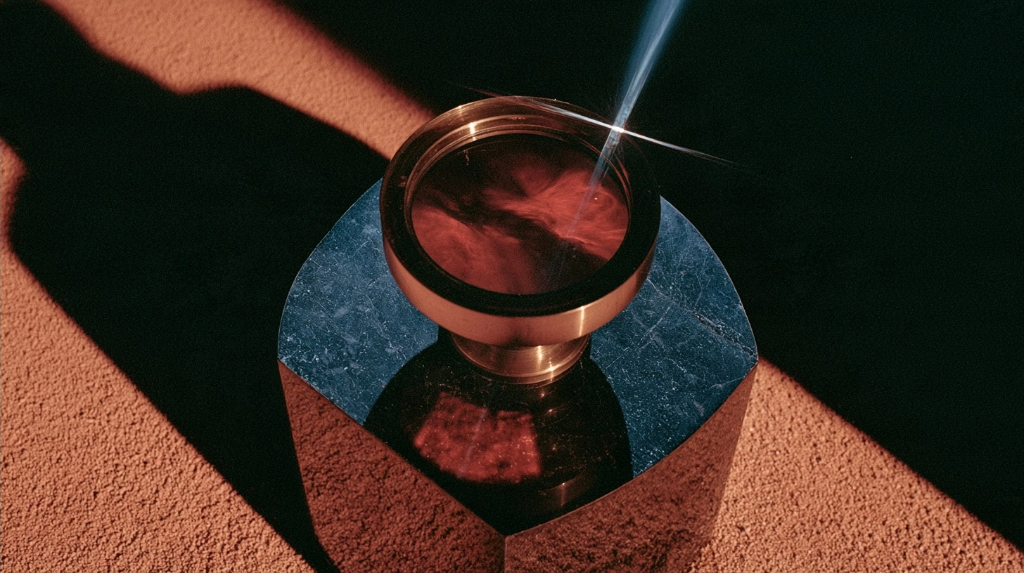 A metallic vessel with swirling red liquid on a reflective pedestal illuminated by a single light beam.