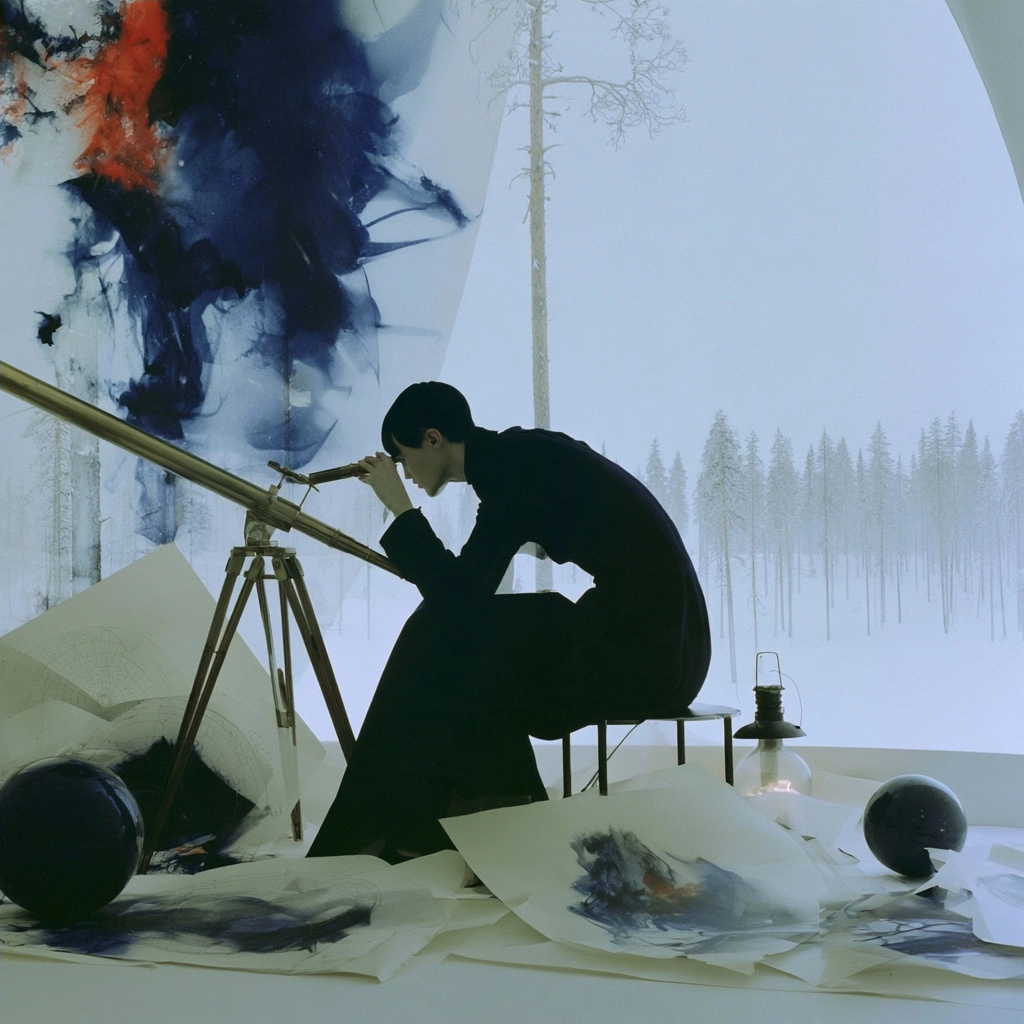 Silhouette of a person using a telescope in a bright studio overlooking a misty pine forest.