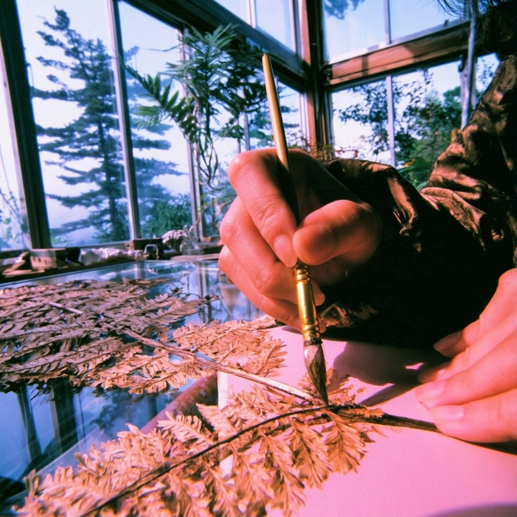Close-up of a hand holding a paintbrush over dried fern leaves on a reflective surface.