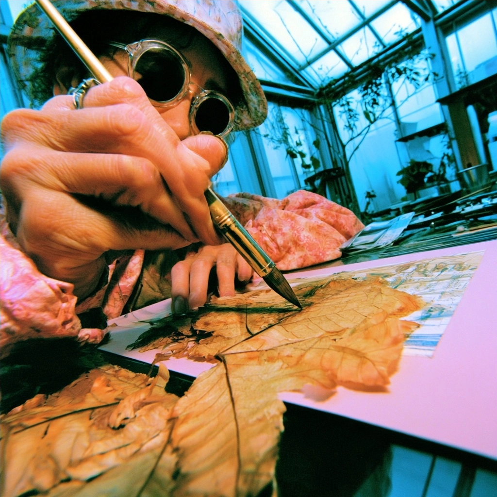 Close-up of an artist's hand using a thin paintbrush on a large brown autumn leaf.