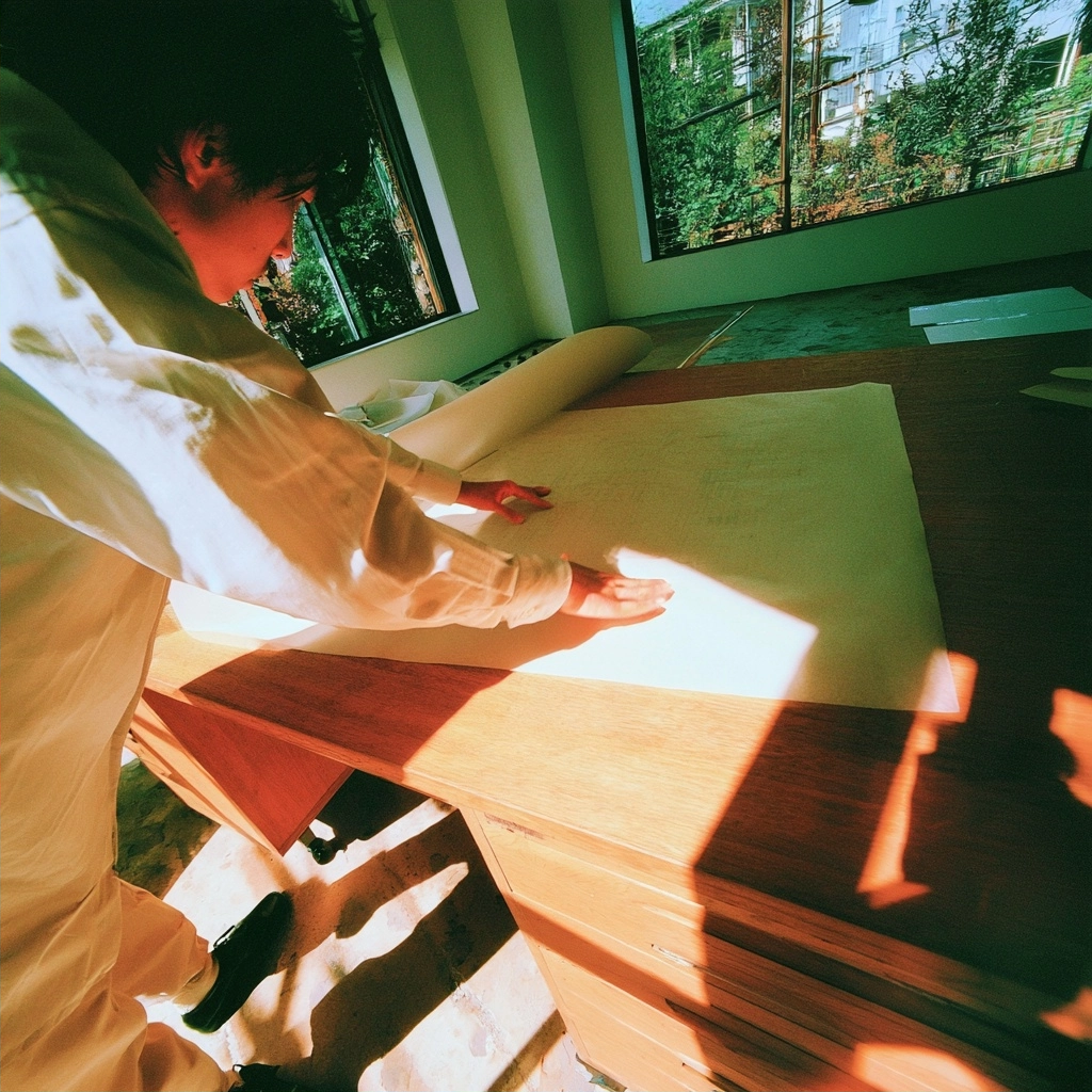 A person in white working on a large piece of paper atop a wooden desk in a sunlit room.