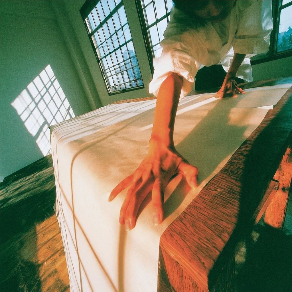 A person reaching their hand across a white cloth on a long wooden table in a bright room.