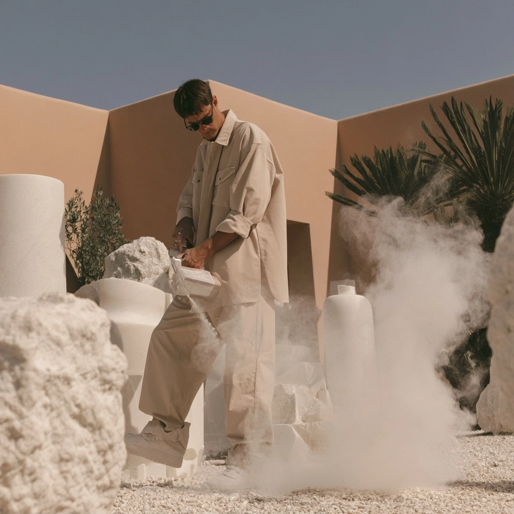 Man in tan outfit posing with large white stone shapes and thick white smoke outdoors.