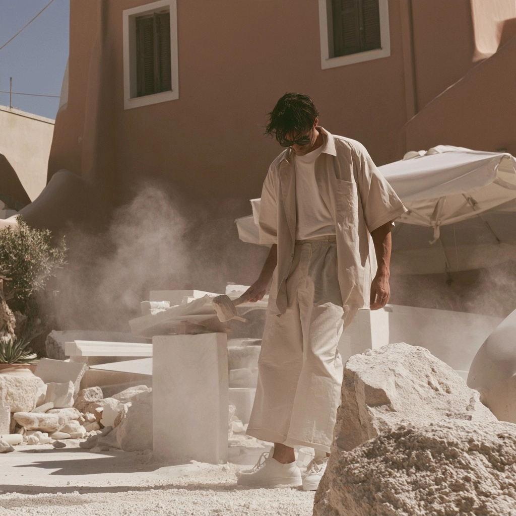 A man wearing beige linen clothes standing among white marble ruins and dust.
