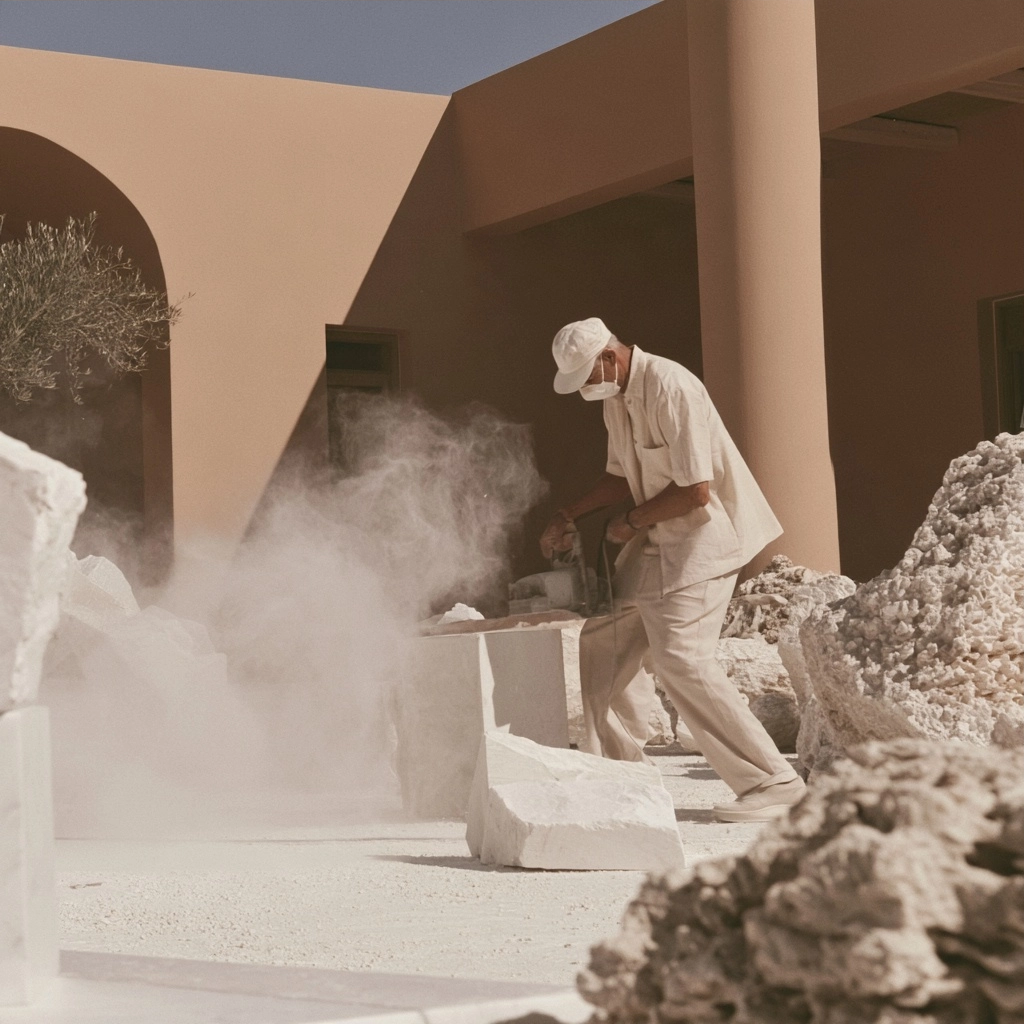 A worker in a white cap and mask stands near large stone blocks surrounded by rising dust.