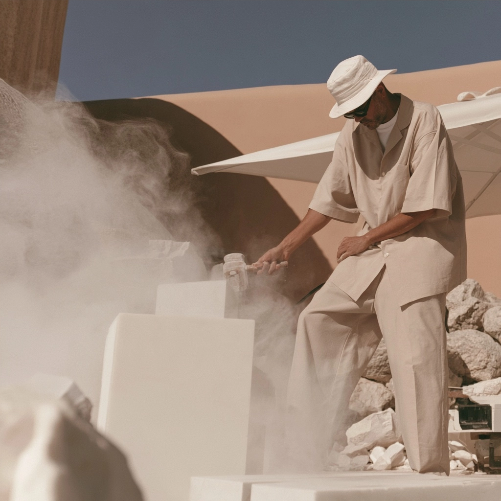 A person wearing a white bucket hat and beige outfit working with large stone blocks in a dusty environment.