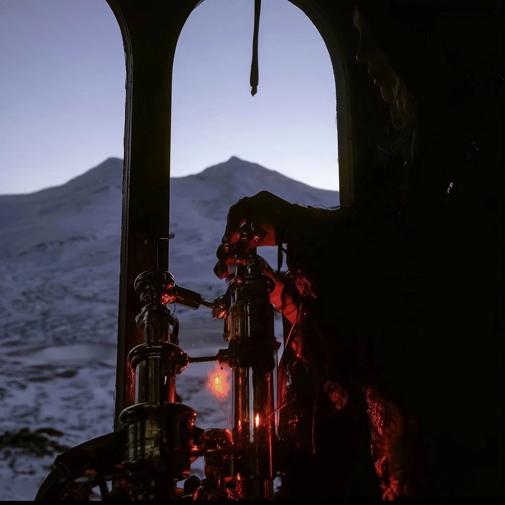Silhouette of a person using a glowing mechanical tool overlooking snowy mountain peaks at dusk.