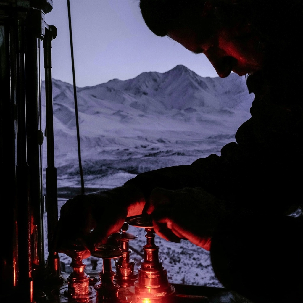 Silhouette of a person adjusting dials on a device with snowy mountains in the background.