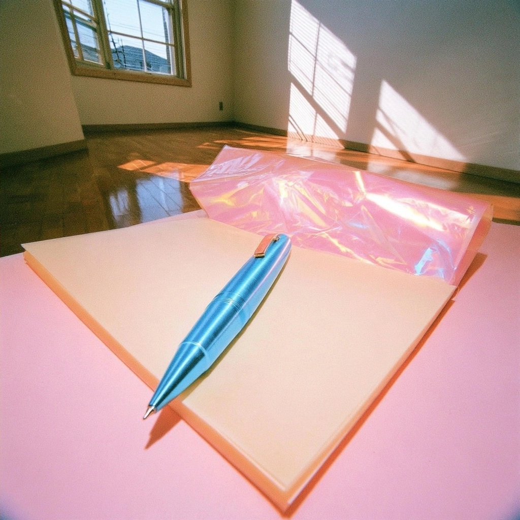 A blue ballpoint pen lying on a cream notebook beside a shiny pink holographic plastic pouch.